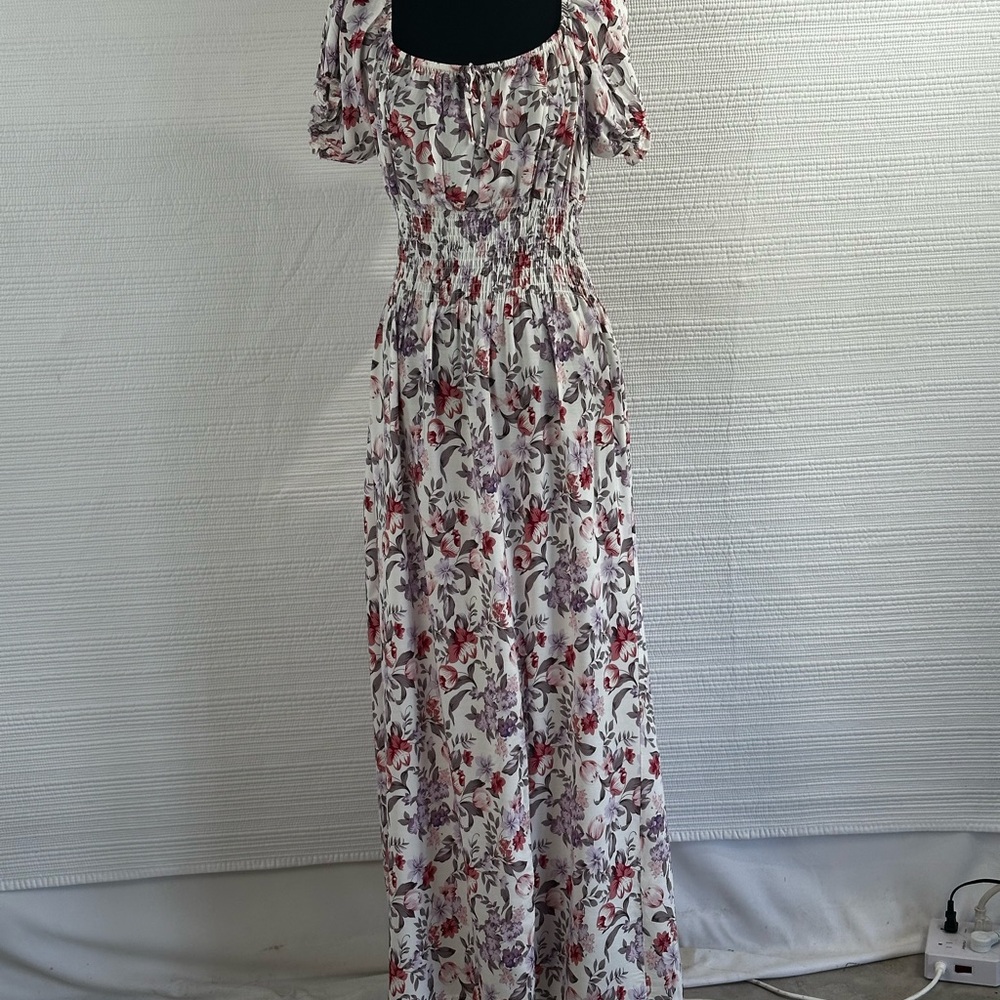 Floral Smocked Waist Maxi Dress in White with Red & Purple Flowers Prairie - Picture 10 of 15